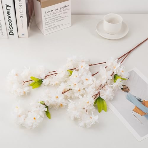 MINGZHE 5pcs Artificial Cherry Blossom Branches Faux Cherry Flowers 39 Inch Peach Branches Silk Tall Stems Fake Flower Arrangements for Home Wedding Table Vase Decor (White) - color: White