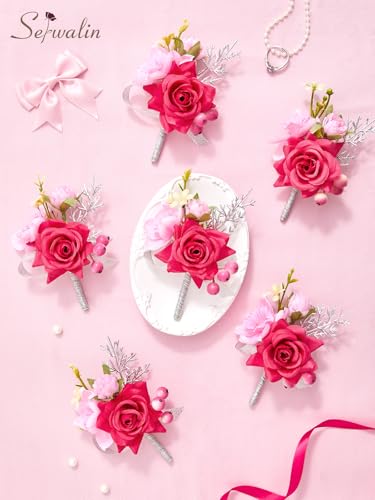Serwalin 6 Pcs Hot Pink Boutonniere for Men, Groom Groomsmen Best Man Guest Boutonnieres，Artificial Flowers Silk Rose for Wedding Prom Ceremony Anniversary Party Homecoming - color: Hot Pink, size: Boutonniere 6pcs