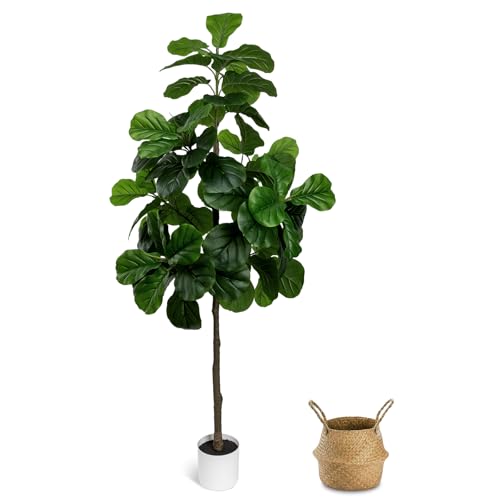 5.5FT Artificial Fiddle Leaf Fig Tree Faux Indoor | Large Tall Fake Trees with White Planter, Ficus Lyrata Floor Plants for Home Decor Office Living Room Housewarming - color: 5.5ft Green