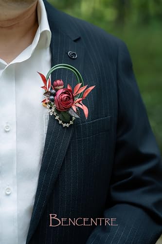 Burgundy Boutonniere Set, Groomsmen & Groom Boutonnieres for Wedding, Anniversary & Formal Events (6 Pack) - color: Burgundy Wreath, size: set of 6