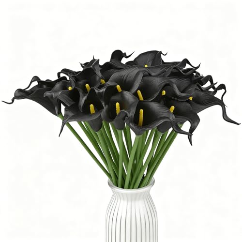 Calla Lily Bridal Wedding Festival Decor Bouquet Real Touch Latex Flower Bouquet Pack of 20 (Black) - color: Black