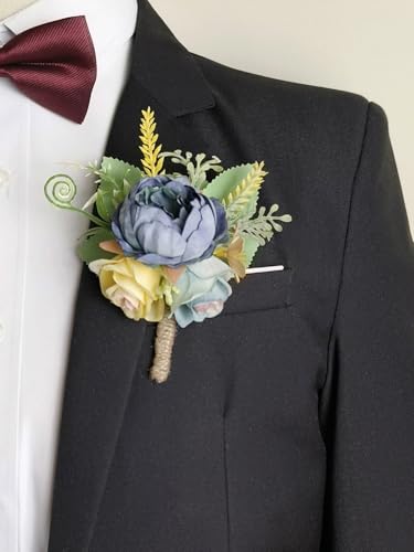 MAFELOE Corsage and Boutonniere Set for Wedding Prom Party Homecoming Celebration, Artificial Peony Flower Accessories Suit Decor 2 Pieces-Haze Blue - color: Haze Blue
