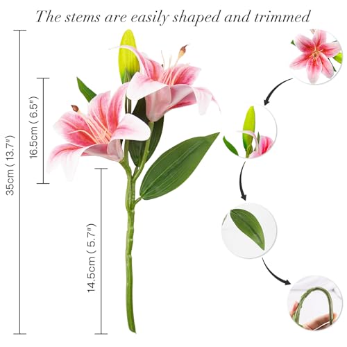 6PCS Artificial Lilies Set with 12 Heads Fully Bloomed Lilies and 6 Buds, Short Stem Real Touch Artificial Flowers for Home Hotel Flower Arrangement Party Decor (Pink) - color: Pink