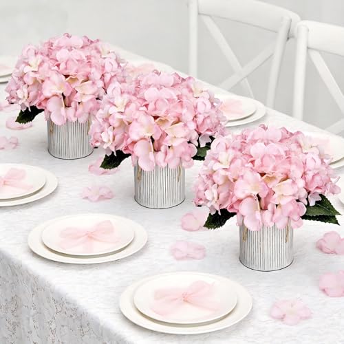 Flower Table Centerpieces - Set of 6 Floral Arrangement Artificial Wedding Hydrangeas Floral Arrangement with Rustic Metal Vase for Bridal Tea Party Event Decorations - Pink - color: Pink