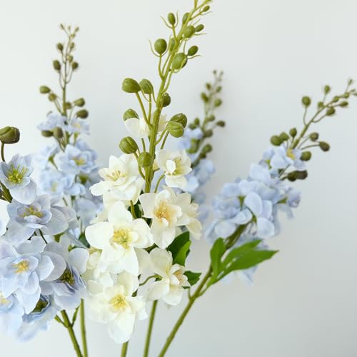 JINWOE White Artificial Flowers,4Pcs 26" Fake Delphinium with Long Stem for Tall Floor Vase,Large Lifelike Larkspur Plant Silk Flowers Home Wedding Office Party Arrangement Decoration - color: White