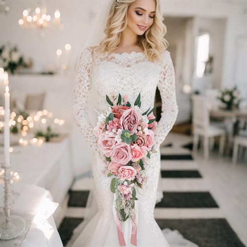 10 Inch Dusty Pink Rose Gold Cascading Bouquets for Bride Summer Fall Wedding Blush Light Pink Artificial Silk Flower Pearl Bridal Bouquet Boho Rustic Ceremony Anniversary Decor Toss Bouquet - color: Dusty Pink