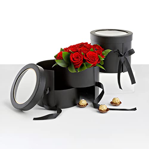 UNIKPACKAGING Premium Quality Round Flower Box 2 TIER Gift Boxes with Lid Size 7.8 dia x 7 inch (Black) - color: Black