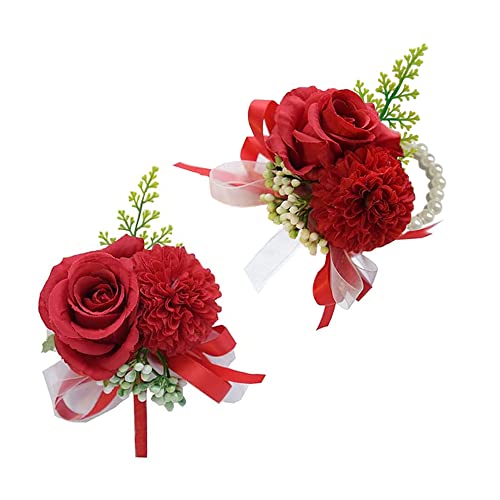 Wrist Corsage and Boutonniere Set for Bride Groom Bridesmaids Groomsmen Wedding Homecoming Flowers Prom Suit Accessories, Rose Boutonniere and Corsage Wristlet Flower - color: Red