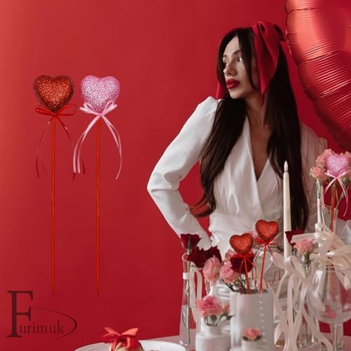 Valentine's Day Glitter Heart Foam Picks Puffy Sparkly Heart on Sticks Valentines Day Floral Picks for Table Centerpiece Decoration Vase Wedding Crafts Stems Arrangement (4, Pink Red)