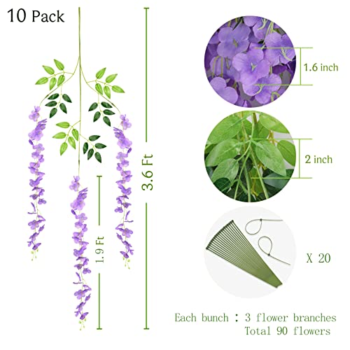 BLEUM CADE 10Pcs Purple Fake Wisteria Hanging Flowers, 3.6Ft/Pcs Artificial Wisteria Garland, Hanging Flowers for Wedding Party Home Backdrop Wall Decoration - color: Purple, size: 10pcs