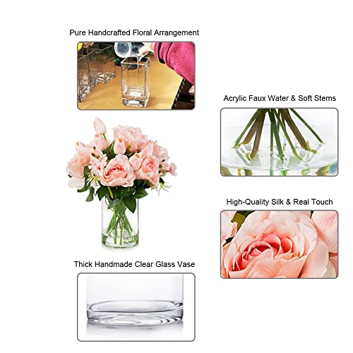 ENOVA FLORAL Pink Tulip Artificial Real Touch Flowers in Vase, Mixed Fake Tulips Fake Flowers and Silk Rose Artificial Flowers with Vase for Dining Table Decoration (Pink) - color: T& Rose Pink