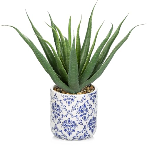 Briful Agave Plants Artificial Succulents Fake Plant in Blue Vase, 9'' Tall Realistic Faux Aloe Vera for Home Decor Indoor Centerpiece Table Kitchen - color: Aloe Blue Ceramic Vase
