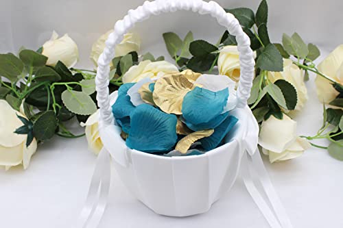 2NDTONONE 900PCS Teal Gold White Silk Rose Petals Turquoise Aqua Artificial Flower Petals for Wedding Party Table Confetti Aisle Runner Flower Girl Bridal Shower Hotel Home Vase Decoration