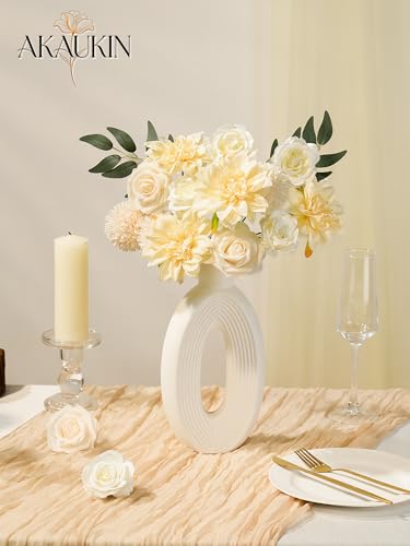 Artificial Flowers Combo Set Creamy Yellow Faux Dahlia Roses DIY Wedding | Flexible wire stems artificial flower set for bridal shower bouquet centerpieces home decor crafts reusable arrangement - color: Creamy Yellow, size: The Minimalist