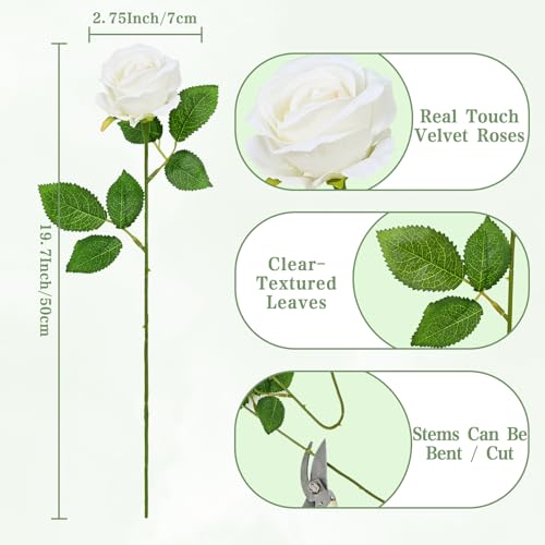 Waipfaru 100 Pcs White Roses Artificial Flowers Bulk, Real Touch Velvet Roses with Wrapping Paper, Fake Flowers for Wedding Centerpieces Bridal Bouquet Valentines Mothers Day Decor - color: White, size: 100 Pcs