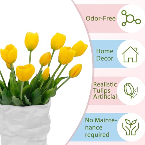 15 Pcs Yellow Artificial Tulips Fake Flowers, Premium Latex Lifelike Texture, UV Resistant Waterproof Faux Tulip Bouquets with Snap-on Petals for Outdoor, Home, Wedding Decor - color: Yellow