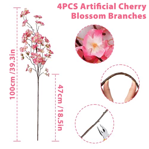 Dremisland 4Pack Artificial Cherry Blossom Flowers 39.3in Faux Cherry Blossom Branches Silk Flowers in Vase Pink Peach Faux Flowers Spring Decor Wedding Party Home Table Vase Decor