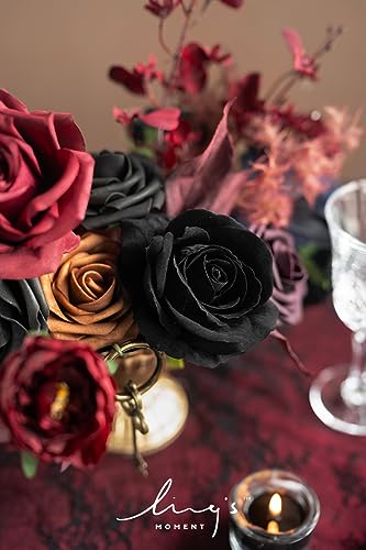 Ling's moment Fake Flowers Box, Faux Artificial Greenery Stems Foam Roses Dahlia Silk Maple Leaf Fabic Flower for Centerpieces Bouquet Wedding Vase Floral Decorations, Burgundy & Black, Mini Combo - color: Burgundy & Black