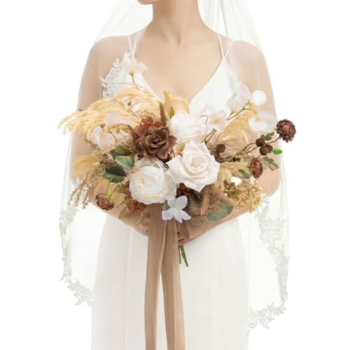 Ling's moment Boho Wedding Bouquets for Bride, Earth Brown & Tawny Beige Bridal Bouquets for Bride, 13 Inch Free Form Artificial Wedding Flower Bouquet for Rustic Wedding Ceremony Anniversary - color: Brn- Earth Brown & Tawny Beige, size: Small 13 Inch