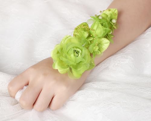 Set of 12 Artificial Silk Organza Craft Rose Flower, 12 Corsage Wristlet, 12 Pin Back DIY Boutonnieres for Wedding, Bridesmaids, Groomsmen, Quinceanera, Prom, Sweet 16 (Apple Green) - color: Apple Green