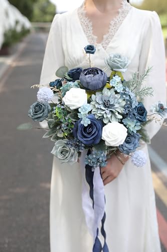 YYHUAWU Nude Artificial Flowers Combo Set Fake Flower Leaf Box with Stems for DIY Wedding Bouquets Centerpieces Flower Arrangements Decorations Baby Shower Party Home Decorations - color: Dusty Blue & Navy Blue