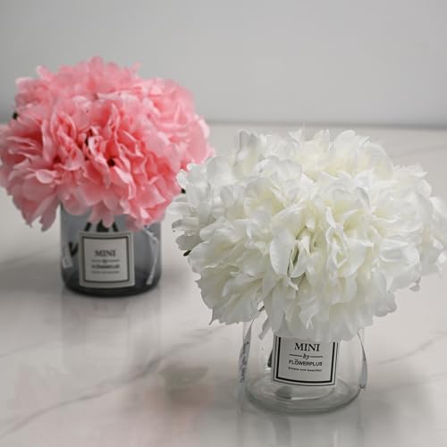 Artificial Pink Peony Flowers in Vase,Wedding Table Centerpiece Home Decor | Realistic Silk Faux Peonies with Small Glass Vase, Fake Flower Table Centerpiece for Bedroom Cafe Wedding Indoor Decoration - color: Pink Peony