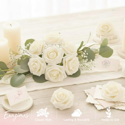 Artificial Flowers, 25pcs Real Looking Ivory White Foam Fake Roses with Stems for DIY Wedding Bouquets White Bridal Shower Centerpieces, Faux Rose for Floral Arrangements Table Decorations - color: Ivory White