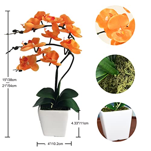 15" Tall Artificial Silk Phalaenopsis Orchid Flower Plant Pot Arrangements (Orange) - color: Orange