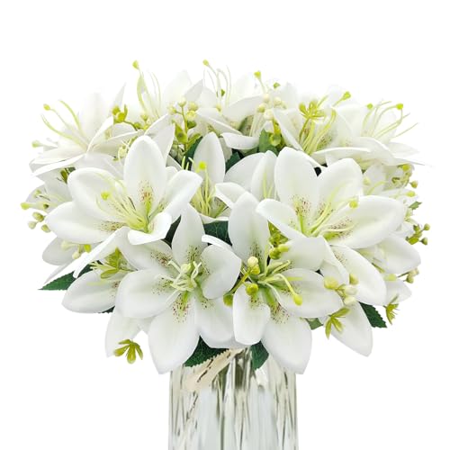 4 Bundles Artificial Tiger Lily Silk Flowers Faux Fake Lilies Plants for Wedding Bouquet Home Party Indoor Table Hotel Office Vases Floral Arrangements Outdoor Garden Decor (White) - color: White