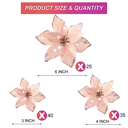 Geosar 100 Pcs 3 Size Christmas Poinsettia Flowers with Clips Glitter Artificial Flowers Small Christmas Tree Ornaments Faux for Xmas Party DIY Craft Wreath Garland New Year, 3/4/6 Inches(Rose Gold) - color: Rose Gold