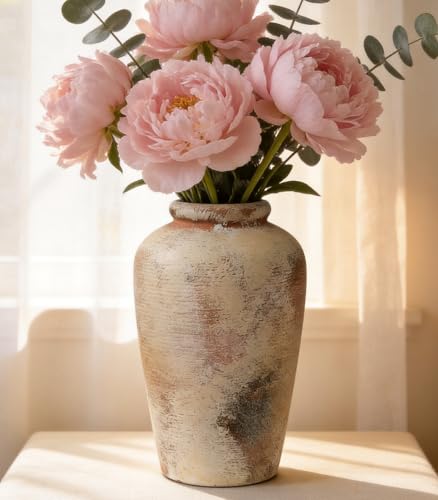 Ceramic Flower Vase, 10.6" Tall Rustic Farmhouse Vase, Decorative Pottery Vase with Glazed Interior for Fresh Flowers, Olive Branches, Mantel, Entryway and Dining Room Decor - color: Rustic-6.3"l X 6.3"w X 10.6"h