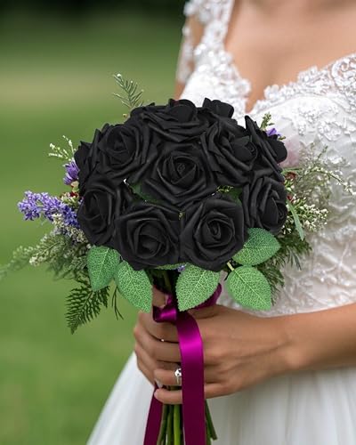 DuHouse 50Pcs Artificial Roses Flowers Fake Roses with Stems Real Touch Foam Flowers for DIY Wedding Bouquet Party Centerpiece Floral Arrangement Party Home Decor(Black) - color: Black, size: 50pcs