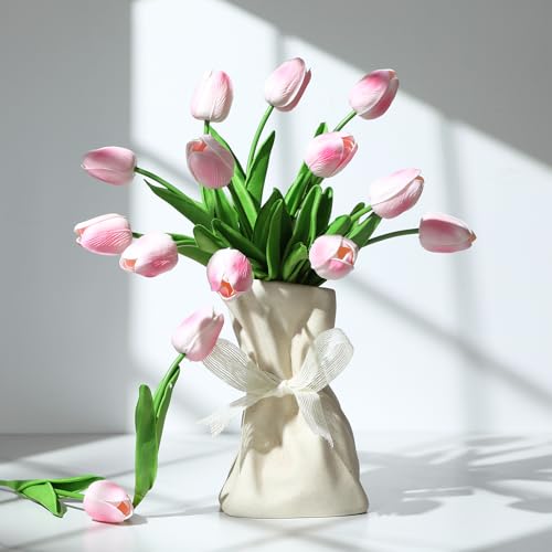30 Pcs Artificial Tulips PU Faux Flowers, Pink Real Touch Fake Tulips for Valentine's Day Spring Easter Home Kitchen Wedding Decorations and New Year Decor - color: Pink