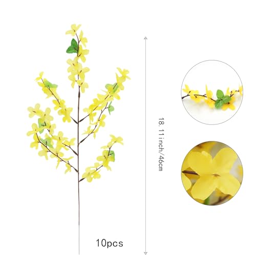 10Pcs Artificial Silk Forsythia Flower Branches Yellow Silk Fake Winter Jasmine Orchids Flowers for DIY Floral Arrangement Wedding Party Home Office Indoor Outdoor Decorate