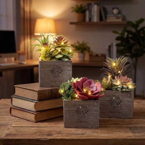 Small Fake Plants, 3 Packs Mini Succulent Plants Artificial with Led Lights for Indoor Bathroom Bedroom Desk Office Decor - color: Morning Mist