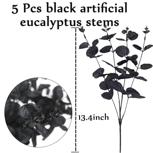 Tinsow 5 Pcs Black Artificial Eucalyptus Stems Faux Eucalyptuses Branches Black Leaf Halloween Centerpiece Halloween Home Decor (Black, 5) - color: Black