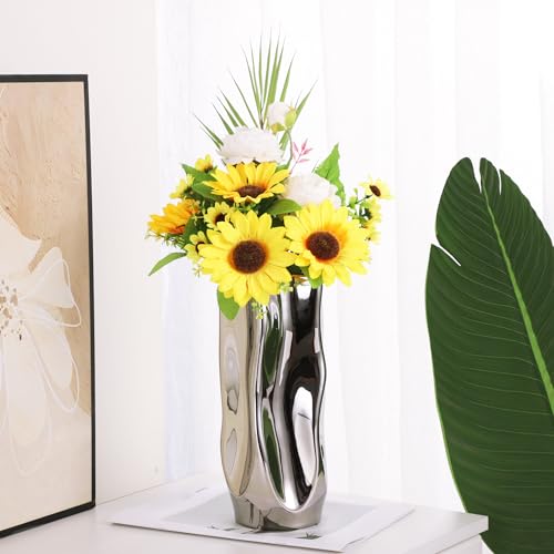 Wave Ceramic Vase - Modern Silver Shiny Finish, Pentagon Shape for Dried Flower Arrangement for Living Room Bedroom Office Decor, Medium, 9" H - size: Medium 9.05"