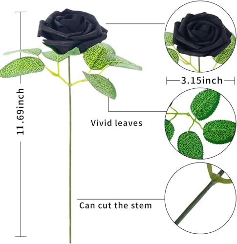 [25PCS] Isquene Black Roses Artificial Flowers with Long Stem Real Touch Fake Foam Roses for Decoration DIY Wedding Bouquets Centerpieces Bridal Shower Mothers Day Party Flower Arrangements Home Decor - color: Black
