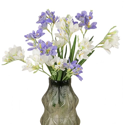 4pcs Freesias Flowers Artificial with Long Stem,24"Real Touch Dendrobium Plants Fake Orchid Leaves,Faux Larkspur Flowers for Outdoor Table Garden Party Wedding Bouquet Fillers,Patio Decor (Blue&White) - color: Blue&white