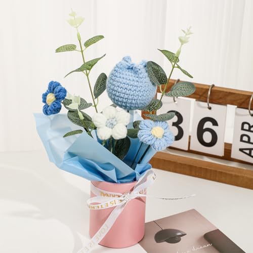 Crochet Flower Bouquet for Gift: Handmade Knitted Tulip Bouquet for Birthday Wedding Festival Valentine's Day Graduation Home Decor (Blue) - color: Blue