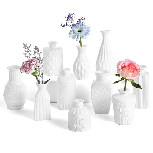 Vintage Small Glass Vases Set of 10,Mini Bud Vases for Flowers,Amber Glass Vases for Centerpieces,Wedding Decorations,Home Table Flower Decor (White) - color: White