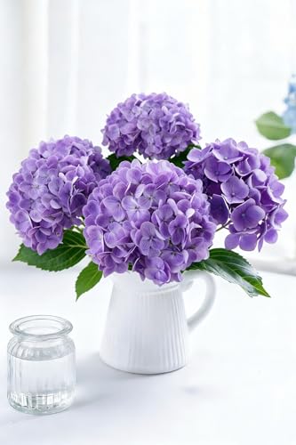 4 Pcs Faux Hydrangeas Real Touch Hydrangea Artificial Flowers Latex Large Fake Flower Long Stems for Wedding Home Party Table Centerpieces Decor (Purple) - color: Purple