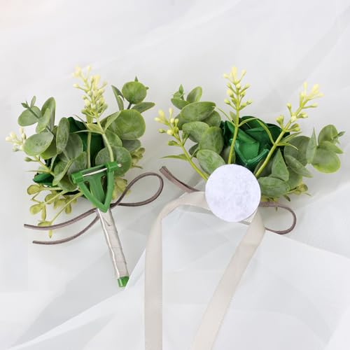 Alizeal 2Pcs of Wrist Corsage and Boutonniere Set, Artificial Flowers Accessories Suit Decor for Wedding Prom Party Homecoming Ceremony, Dark Green - color: 701-dark Green