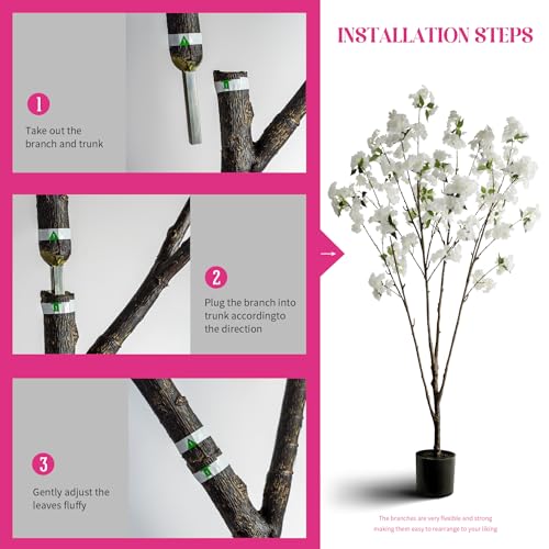 Ttranewsoo Fake Tree Cherry Blossom Tree Artificial Cherry Blossom Tree Tall Fake Plant Faux Trees Indoor Fake Trees Artificial Trees Home Decor Indoor Applies to Living Room Bedroom (81.9'' White) - color: 2m White