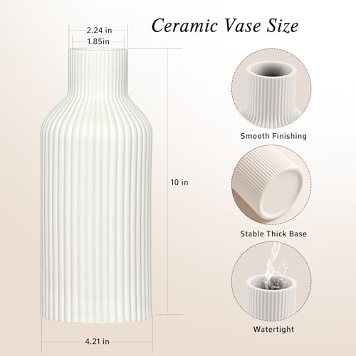 White Ceramic Flower Vase, Minimalist Modern Home Decor, Matte Finish Pampas Grass Vase for Table, Fireplace, Shelf, Mantel, Entryway and Centerpieces (10in) - color: White, size: 10in