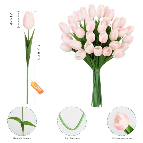 Artificial Tulips Flowers Fake Latex Tulip Stems - 30pcs Real Touch Faux Multicolor Tulips Flower for Easter Spring Wedding Bouquet Centerpiece Floral Arrangement Cemetery Table Decor - color: Gradual Pink 01