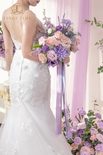 TINGE TIME 13 Inch Artificial Flower Wedding Bouquets for Bride, Cascading Bridal Bouquet for Wedding Bouquet for Wedding Ceremony and Anniversary(Violet&Mistyrose) - color: Violet & Misty Rose