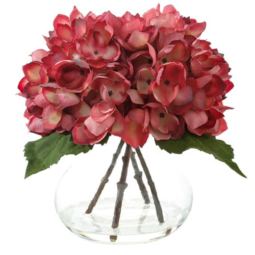 Rose Red Artificial Hydrangea Flowers with Glass Vase, Faux Floral Arrangements with Fake Water, Lifelike Hydrangeas Table Centerpieces for Dining Room, Coffee Table, Bathroom Decor - color: D-rose Red