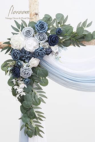 Floroom Arch Flowers with Drapes Kit (Pack of 4) - 2pcs Artificial Dusty Blue & Navy Blue Floral Swag Arrangement with 2pcs Draping Fabric for Wedding Ceremony Arbor and Reception Backdrop Decoration - color: Dusty Blue & Navy Blue