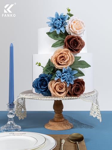 FANKO Artificial Flowers for DIY, Blue Brown Faux Flowers Bouquet, Fake Flowers with Roses Dahlia Silk Flowers for Vase, Home Decor, Wedding Centerpiece, Father’s Day, Party - color: Brown & Blue